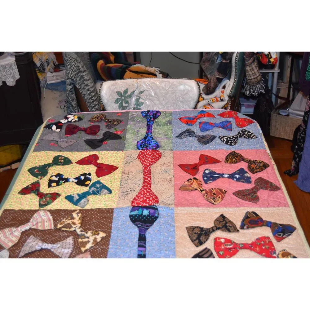 Handmade Bow Tie Quilt Lap Quilt Memorial Signed 2017 Applique 57x36